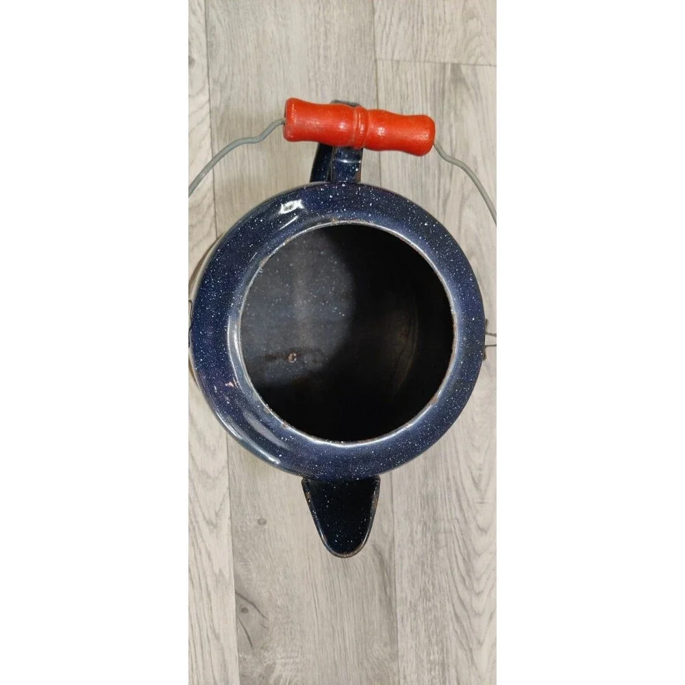 Large Vintage Enamelware Dark Blue-White Speckled Cowboy Coffee Kettle Pot